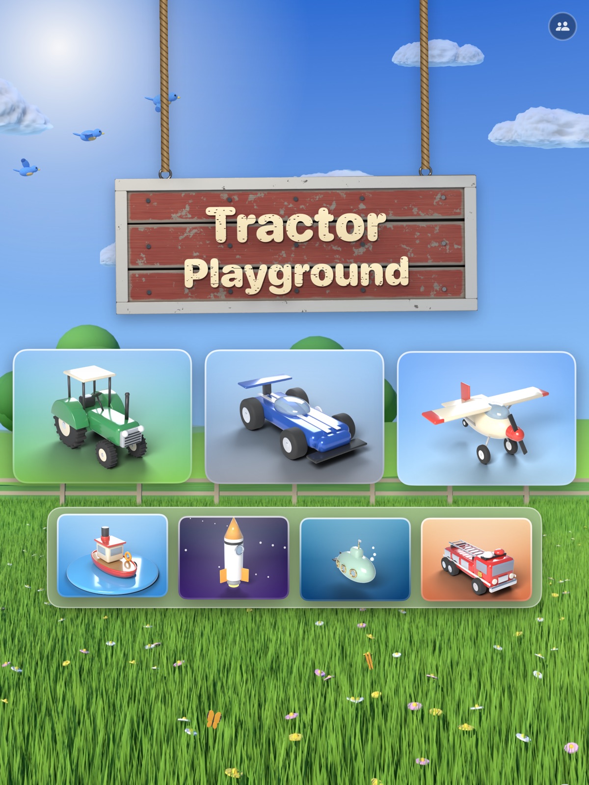 The home screen on iPad: vehicle cards in a sunny meadow, with the Adventure Pack vehicles on their own shelf