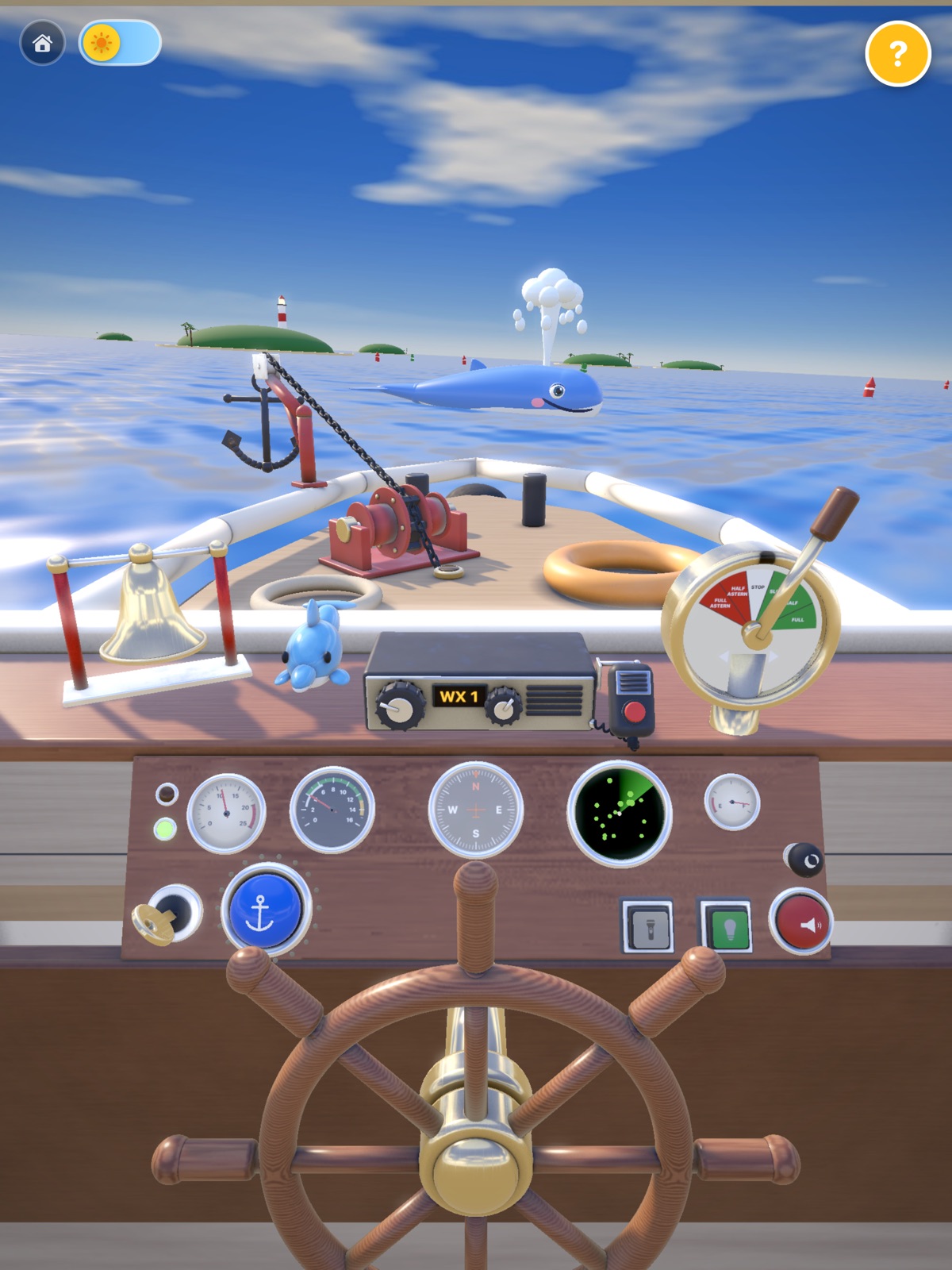 The boat's wheelhouse on iPad, with a whale spouting out ahead