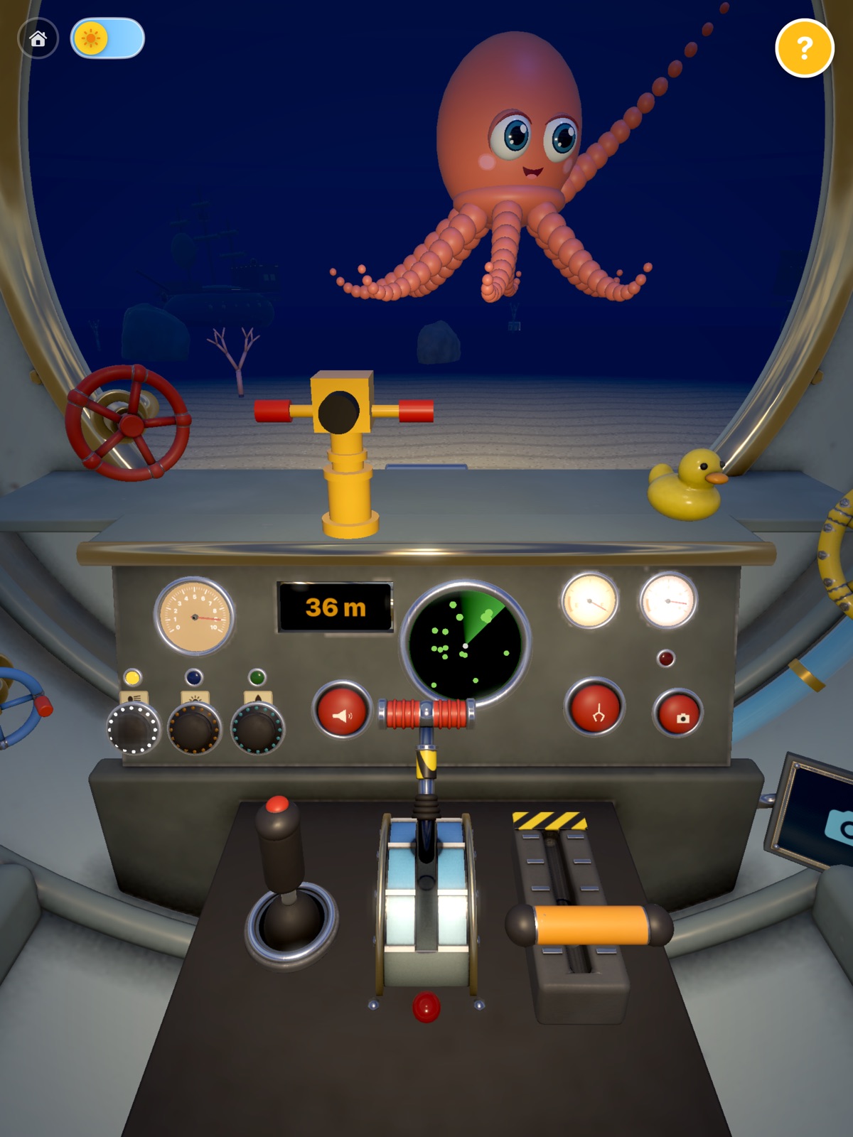 The submarine on iPad, with an octopus swimming past the window
