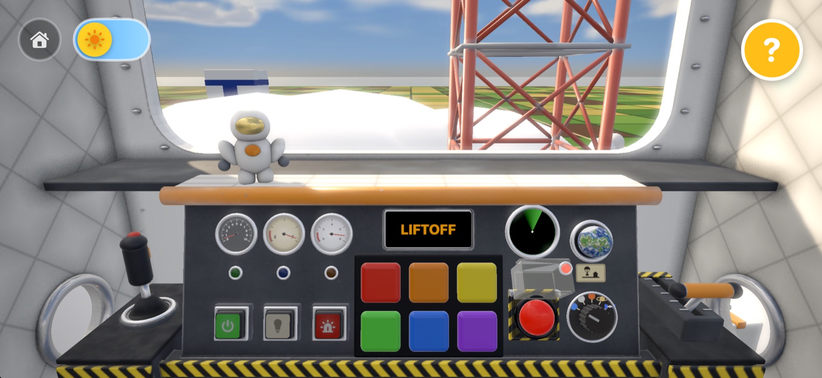The spaceship's cockpit on iPhone at liftoff, the launch tower falling away past the window